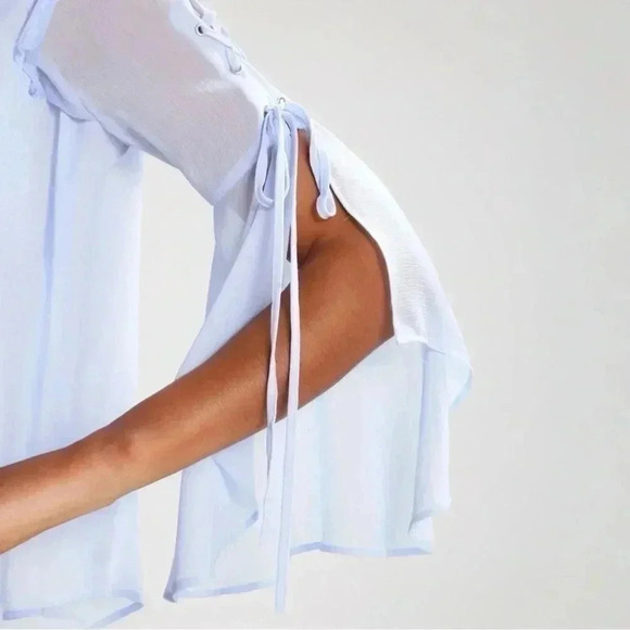 Topshop Eyelet Lace Up Fluted Sleeves Sheer Blouse Top Light Blue Size Small - Picture 3 of 16